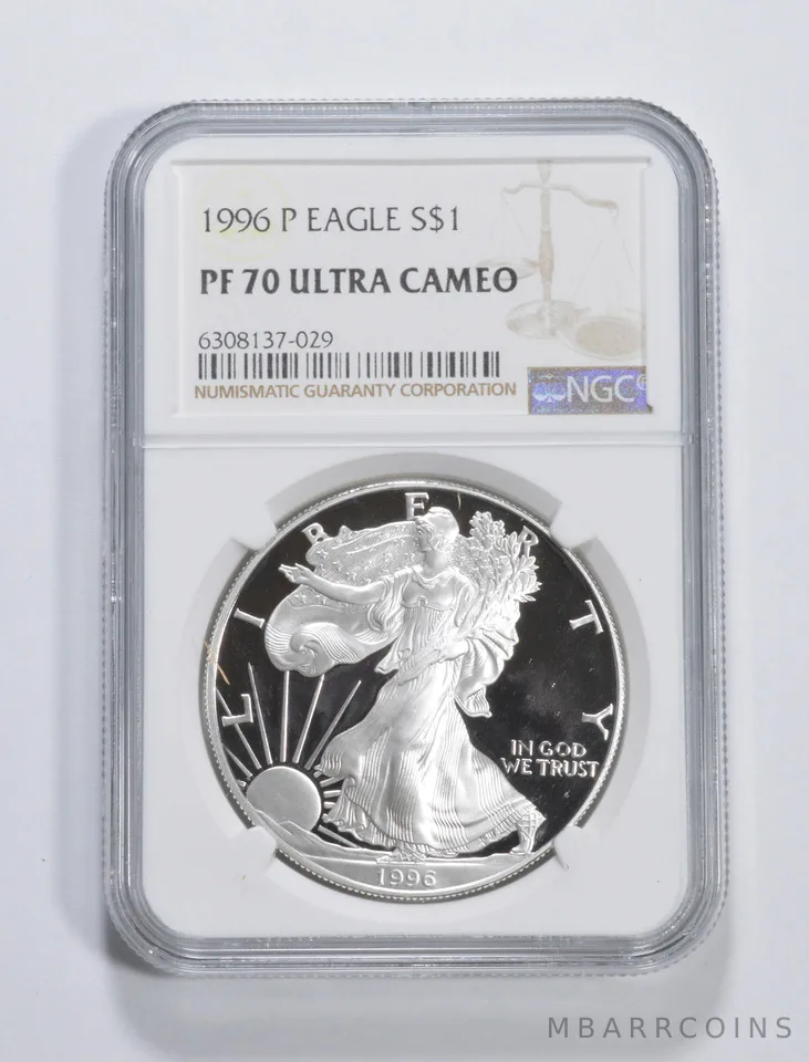 1996-P American Silver Eagle 1 Oz PF70 UCAM NGC Brown Label