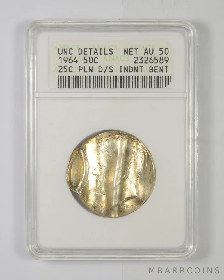 Unc Details 1964 Kennedy Half Dollar 25C Pln D/S Indent Bent Graded ANACS a6317