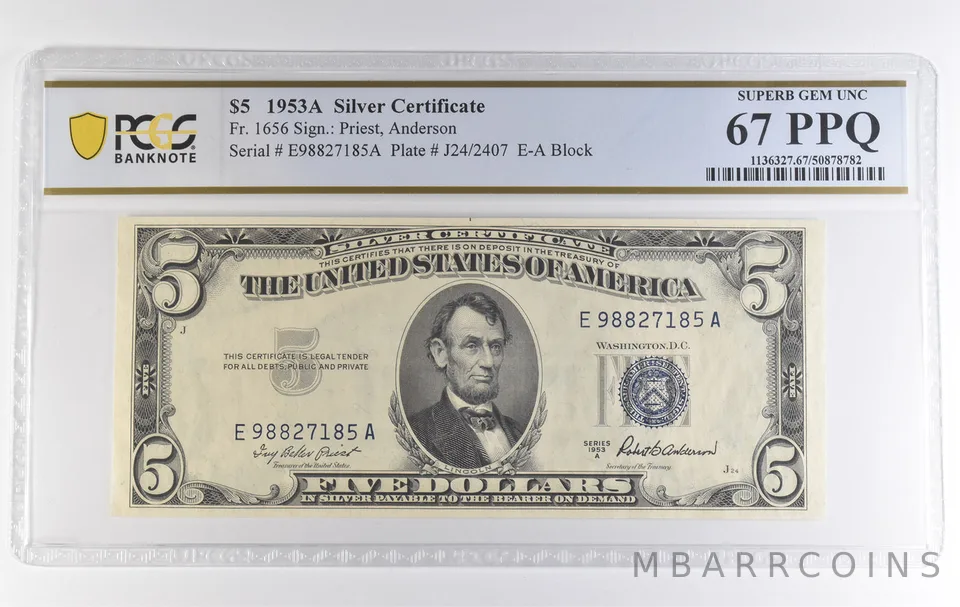 1953 A $5 Silver Certificate Fr#1656 Superb Gem Unc 67 PPQ PCGS *3891