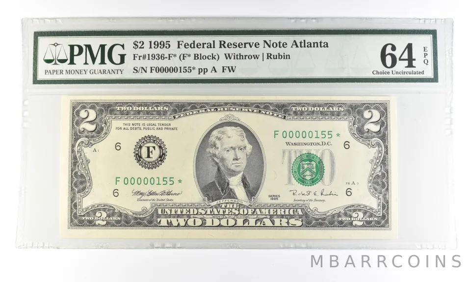 1995 $2 Atlanta GA FRN Fr#1936-F* Star Error Gem Unc 64 EPQ PMG Low Serial *5467