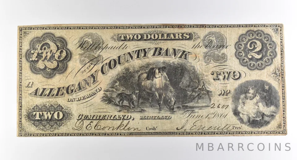 1861 $2 Cumberland MD Allegany County Bank Obsolete Note *3861