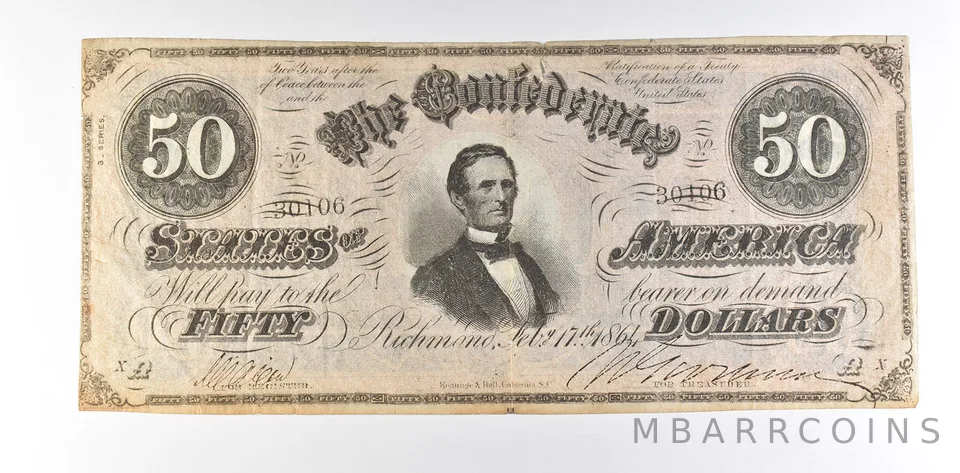 1864 $50 Confederate States Of America T-66 Large Note *8522