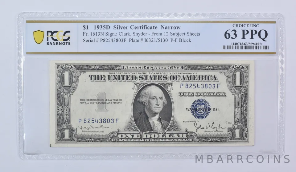 1935 D $1 Silver Certificate Narrow Fr#1613N Choice Unc 63 PPQ PCGS