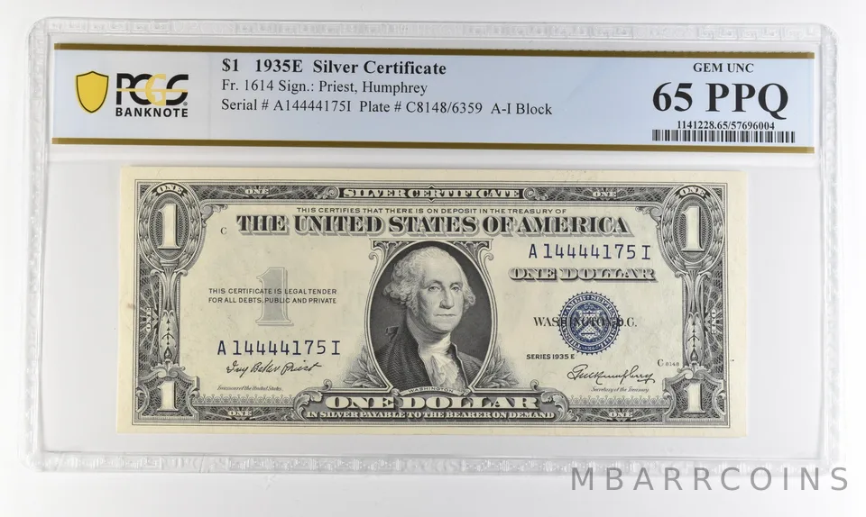 1935 E $1 Silver Certificate Fr#1614 Gem Unc 65 PPQ PCGS *4353