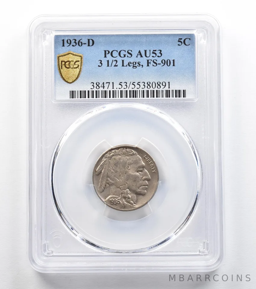 1936-D Indian Head Buffalo Nickel 3 1/2 Legs FS-901 AU53 PCGS *9619