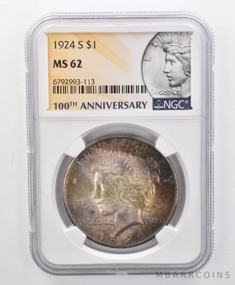 MS62 1924-S Peace Silver Dollar NGC Beautifully Toned a1362