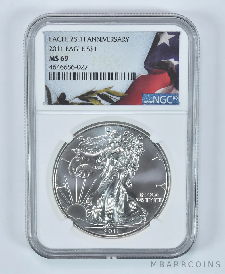 2011 American Silver Eagle 25th Anniversary MS69 NGC Flag Label