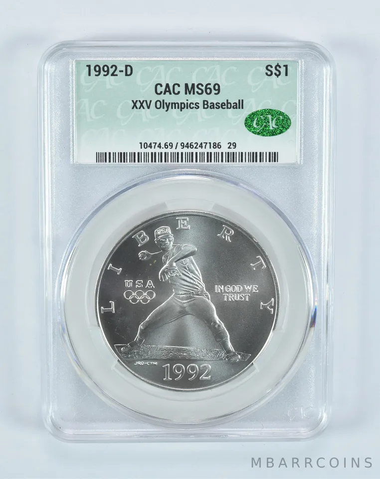 1992-D Olympic Baseball Commemorative Silver Dollar MS69 CAC CACg