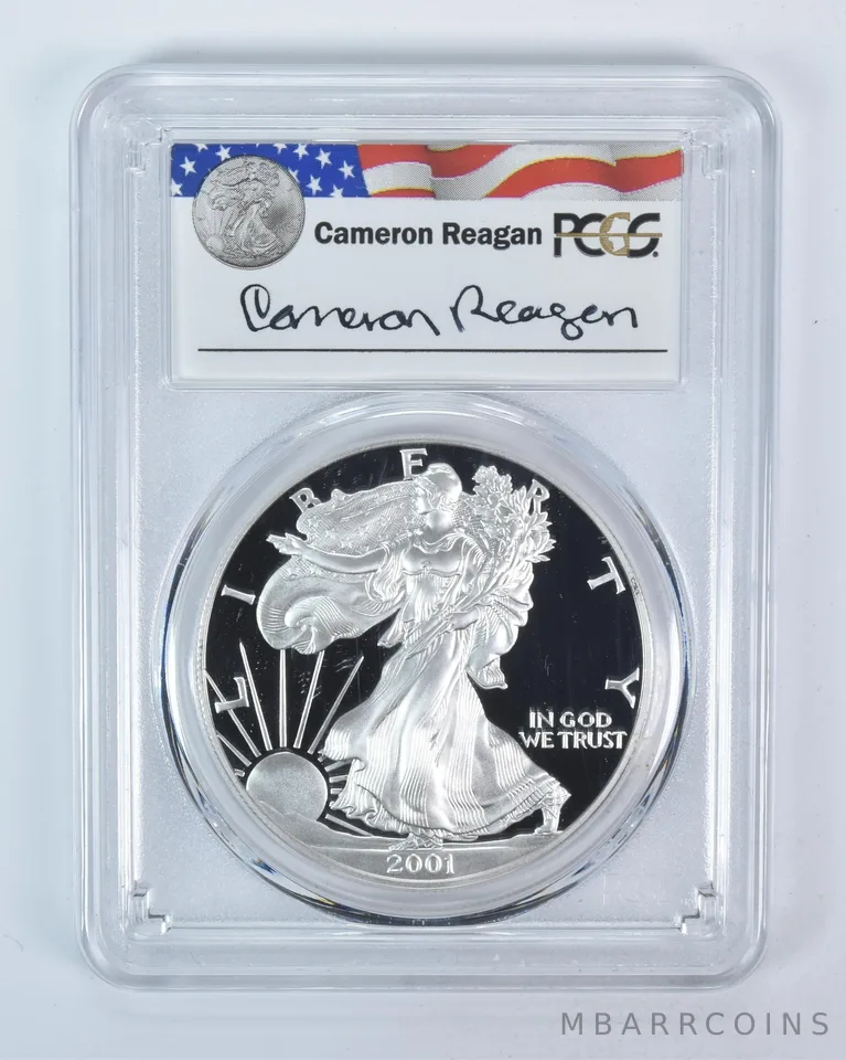 2001-W American Silver Eagle Cameron Reagan Signed PR69 DCAM PCGS
