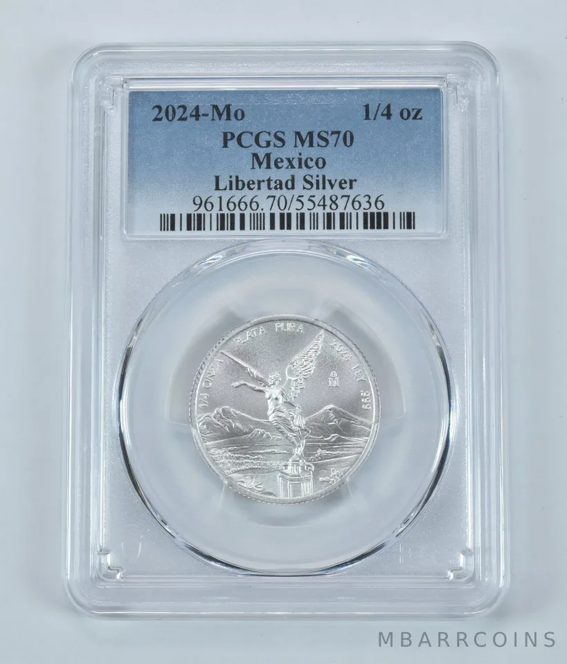 2024 Mo Mexico 1/4 Onza Silver Libertad MS70 PCGS Blue Label