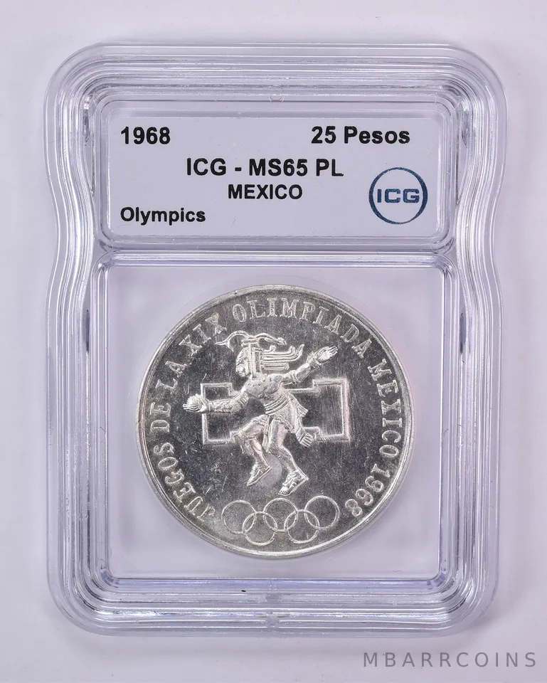 1968 Mexico 25 Pesos Silver Olympic MS65 PL ICG
