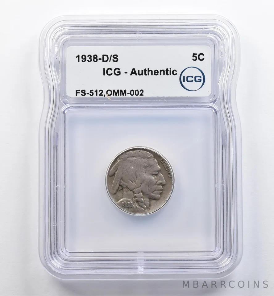 1938-D/S Indian Head Buffalo Nickel FS-512 OMM-002 Authentic ICG *9042
