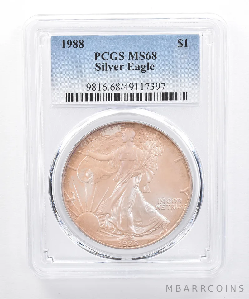 1988 American Silver Eagle MS68 PCGS Iridescent Tone *8476