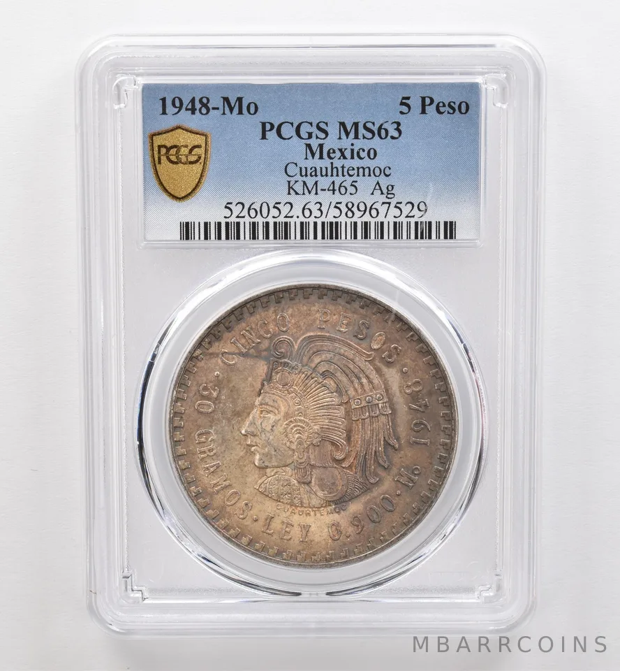 1948 Mo Mexico 5 Peso Silver Cuauhtemoc MS63 PCGS Beautiful Tone *9277