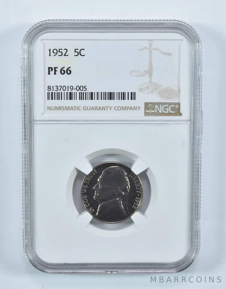 1952 Jefferson Nickel PF66 NGC Brown Label