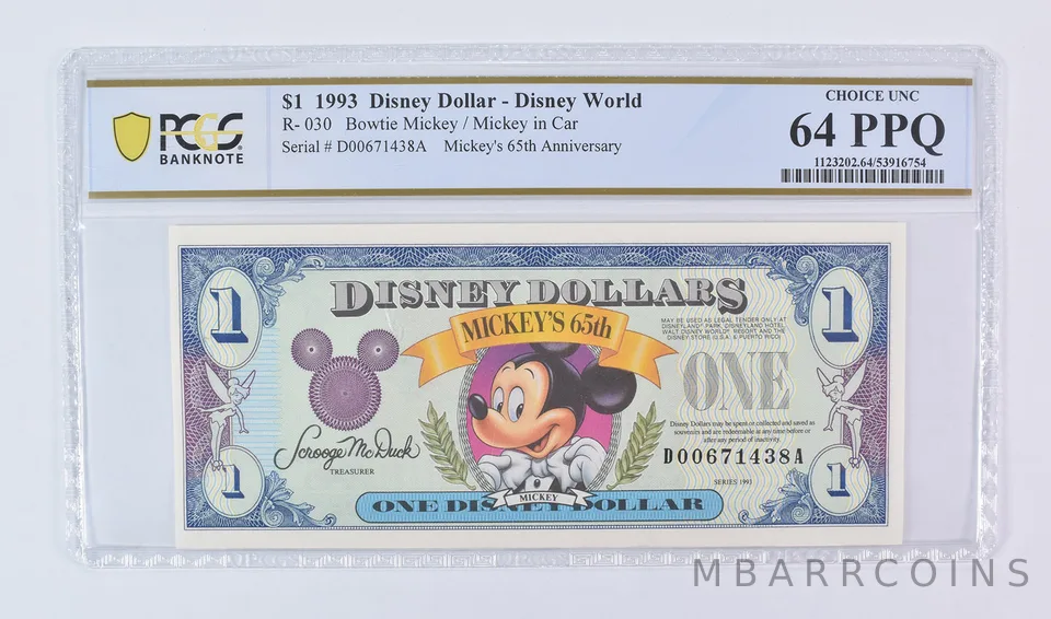 1993 $1 Disney Dollar Disney World Bowtie Mickey R-030 Choice Unc 64 PPQ PCGS