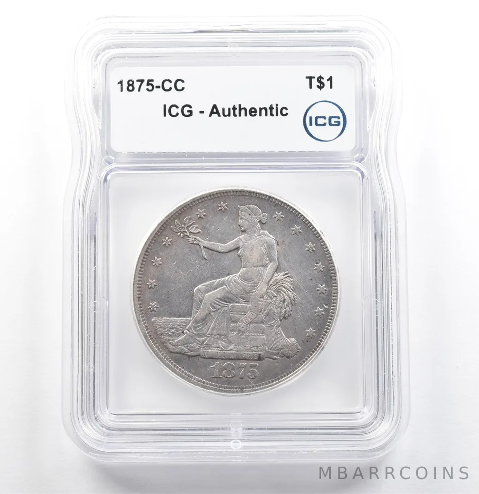 1875-CC Seated Liberty Trade Dollar Authentic ICG *6838