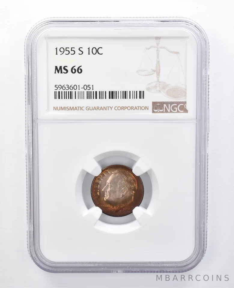 1955-S Roosevelt Dime MS66 NGC Red/Purple Tone *7975