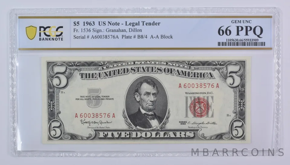 1963 $5 US Legal Tender Fr#1536 Gem Unc 66 PPQ PCGS