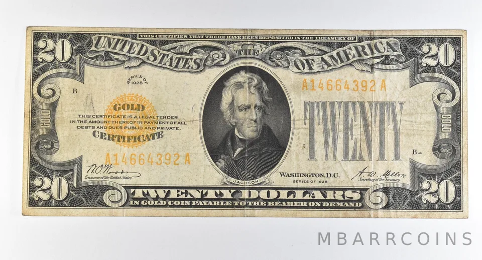 1928 $20 Gold Certificate Yellow Seal *8240