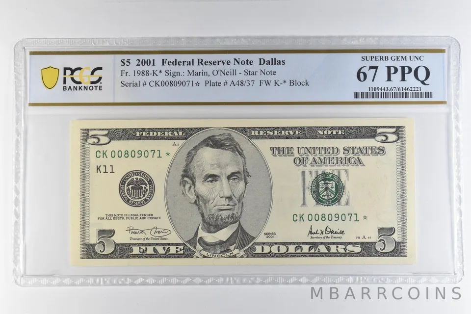 2001 $5 Dallas TX FRN Star Note Fr#1988-K* Superb Gem Unc 67 PPQ PCGS *6540
