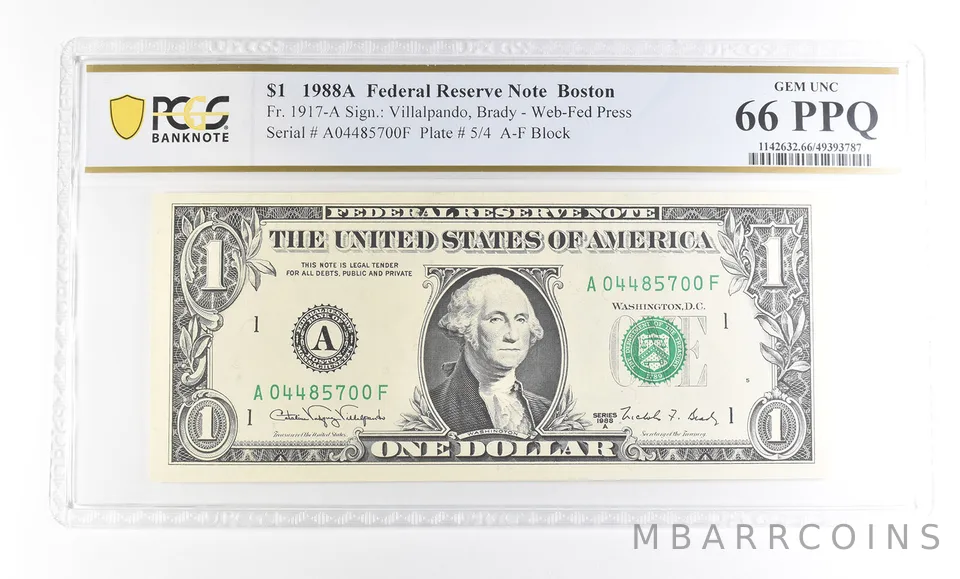 1988 A $1 Boston MA FRN Fr#1917-A Gem Unc 66 PPQ PCGS a2909