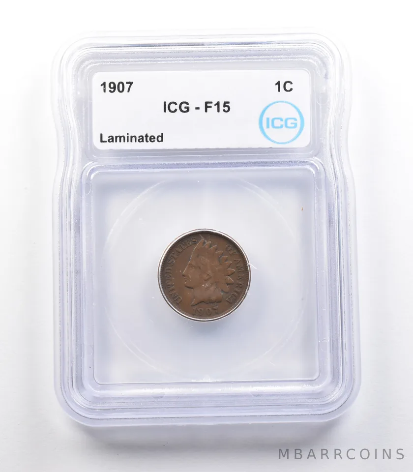 1907 Indian Head Cent Mint Error Laminated F15 ICG *2320