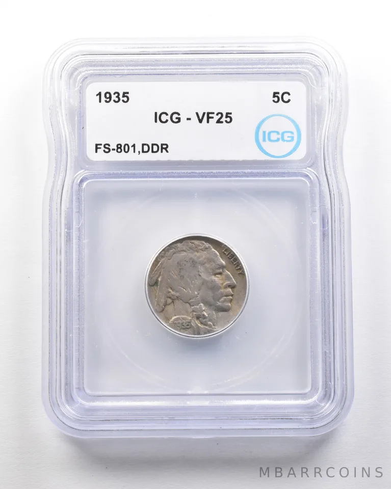 1935 Indian Head Buffalo Nickel Mint Error FS-801 DDR VF25 ICG *1670
