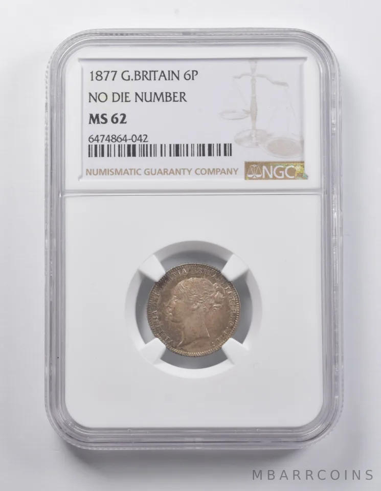MS62 1877 Great Britain 6 Pence No Die Number NGC *7015