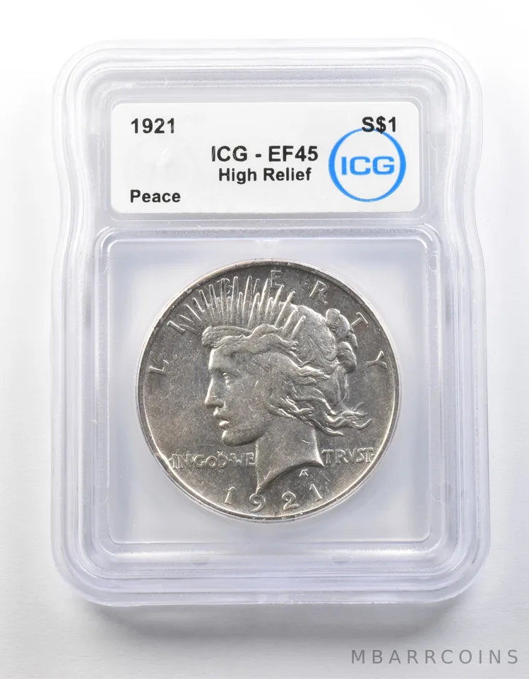 1921 Peace Silver Dollar High Relief EF45 ICG a8703