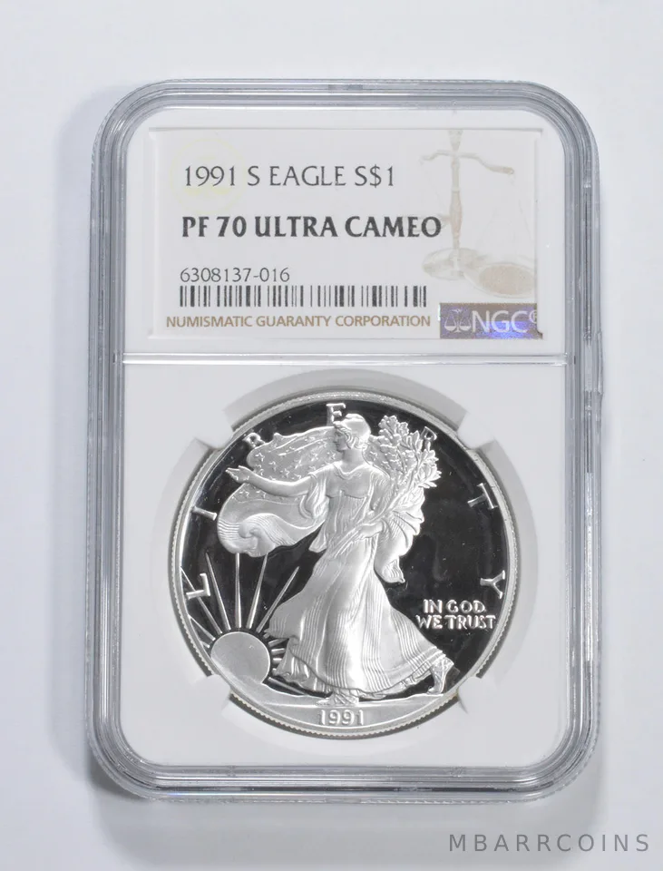 1991-S American Silver Eagle 1 Oz PF70 UCAM NGC Brown Label