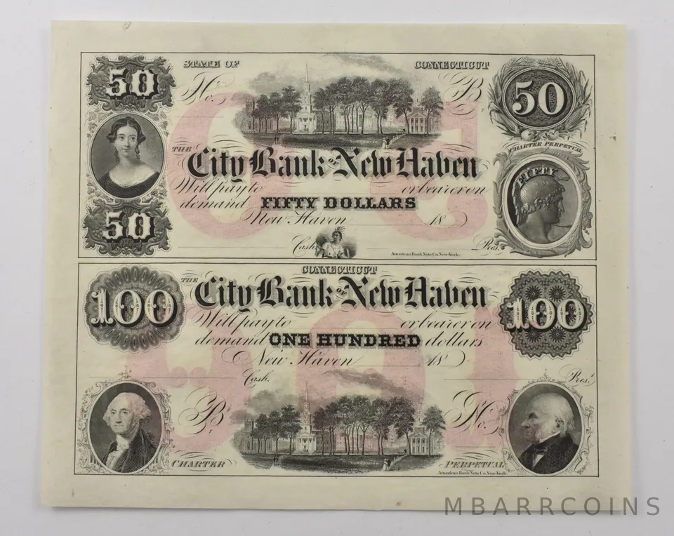 1800s $50/$100 New Haven Connecticut City Bank (2) Uncut Notes a1952
