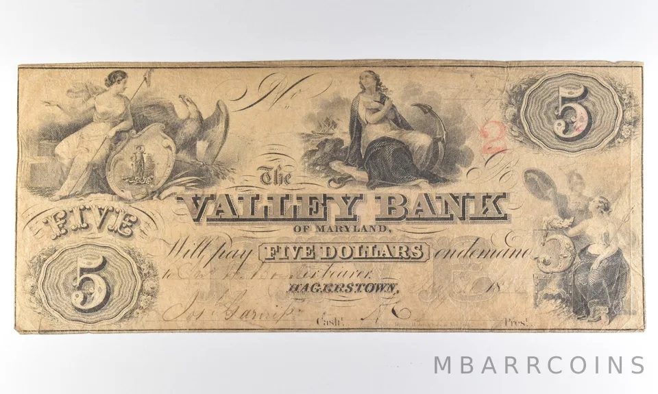 1800s $5 Hagerstown MD Valley Bank Obsolete Note *8315