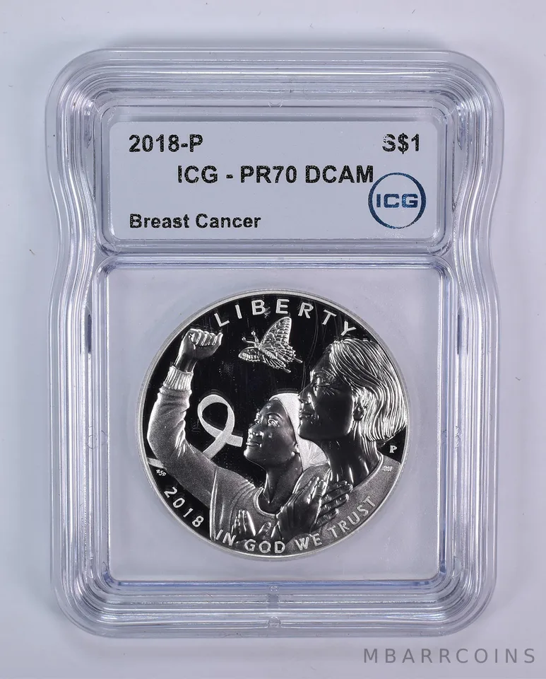 2018-P Breast Cancer Commemorative Silver Dollar PR70 DCAM ICG