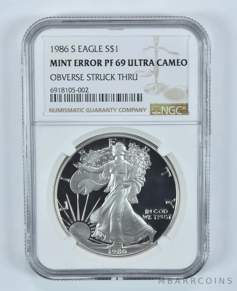 ERROR 1986-S American Silver Eagle PF69 UCAM Obverse Struck Thru NGC *9006