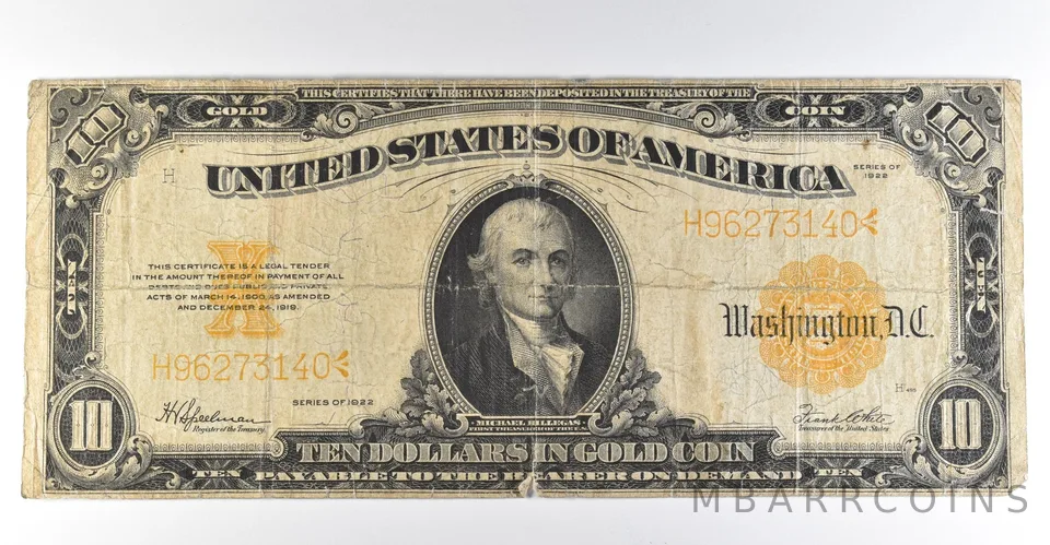 1922 $10 Gold Certificate Large Note Yellow Seal *8344