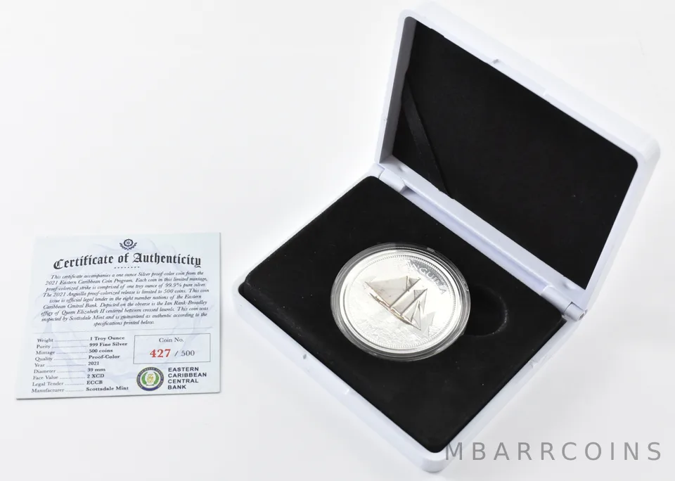 2021 Eastern Caribbean Central Bank 2 Dollars Silver 1 Oz Anguilla W/ OGP *7894