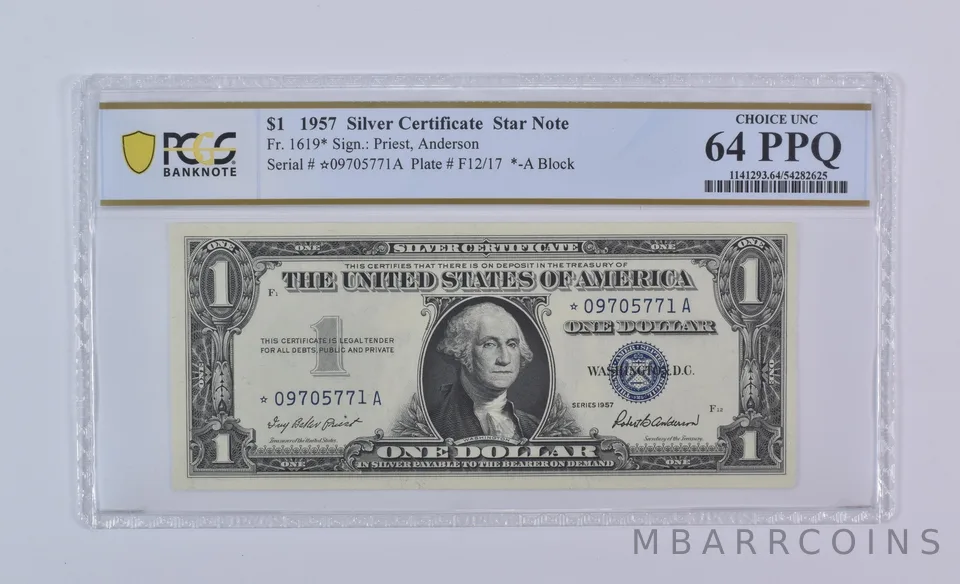 1957 $1 Silver Certificate Star Note Fr#1619* Choice Unc 64 PPQ PCGS *8080