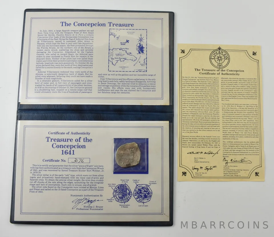 1641 Spain 8 Reales Silver Cob Concepcion Shipwreck W/ CoA a9130