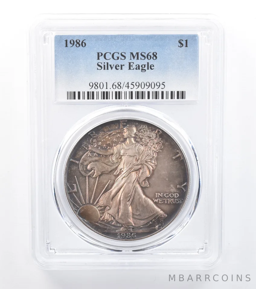 1986 American Silver Eagle MS68 PCGS Slate Blue Tone *7717