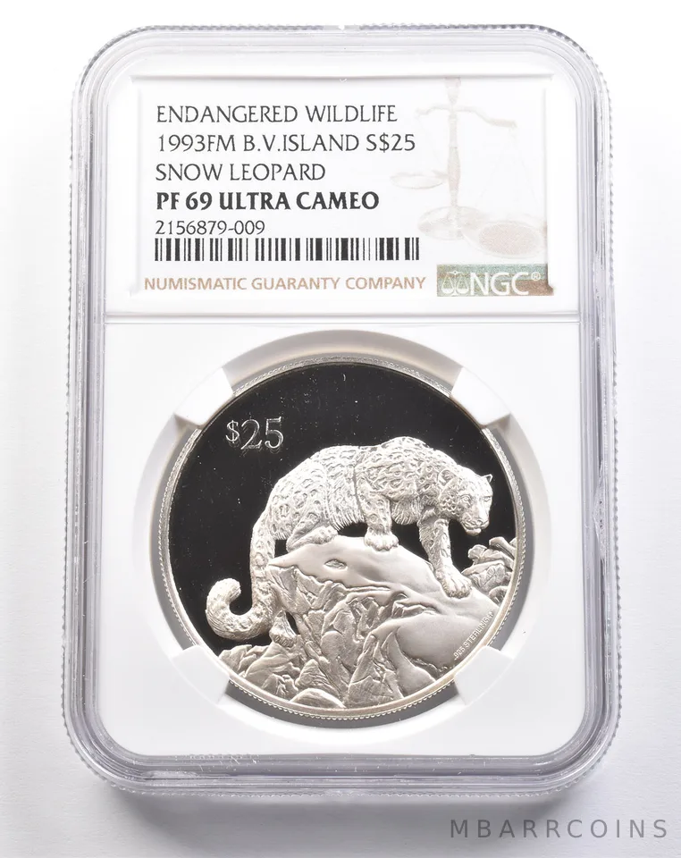 1993 FM British Virgin Islands $25 Silver Snow Leopard PF69 UCAM NGC *4931