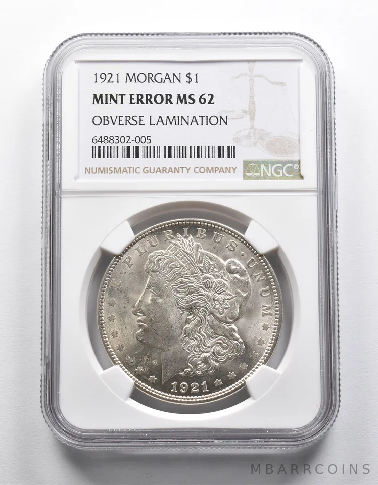 Mint Error MS62 1921 Morgan Silver Dollar OBV Lamination NGC a1970