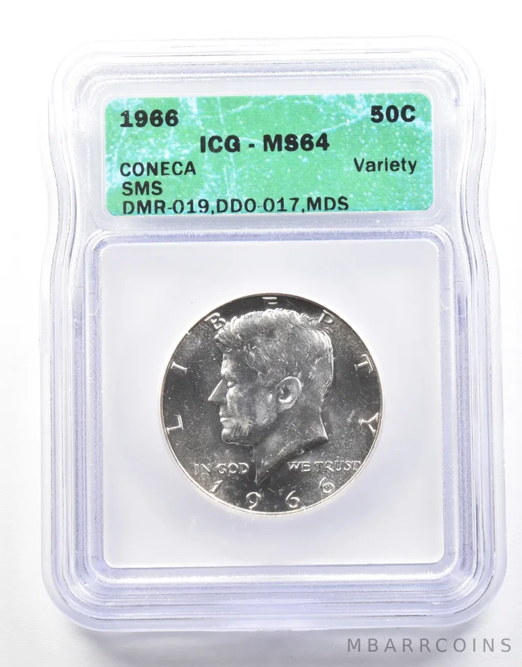 1966 Kennedy Half Dollar SMS Coneca Variety DMR-019, DDO 017 MDS MS64 ICG *2106