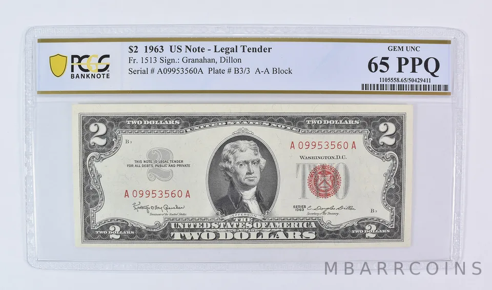 1963 $2 US Legal Tender Fr#1513 Gem Unc 65 PPQ PCGS