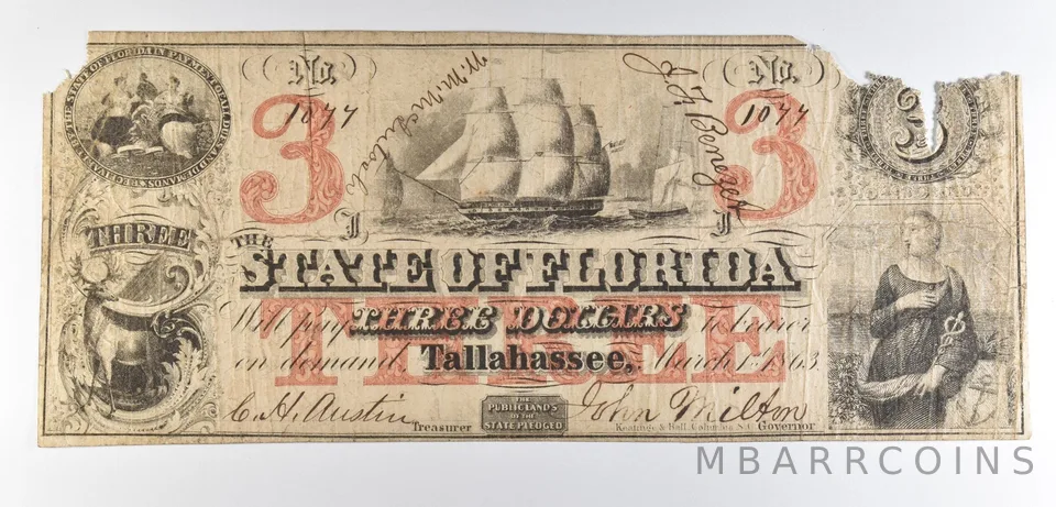 1863 $3 Tallahassee FL Obsolete Note *8606