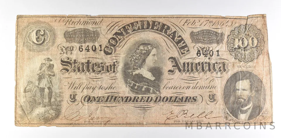 1864 $100 Confederate States Of America T-65 Large Note a8588