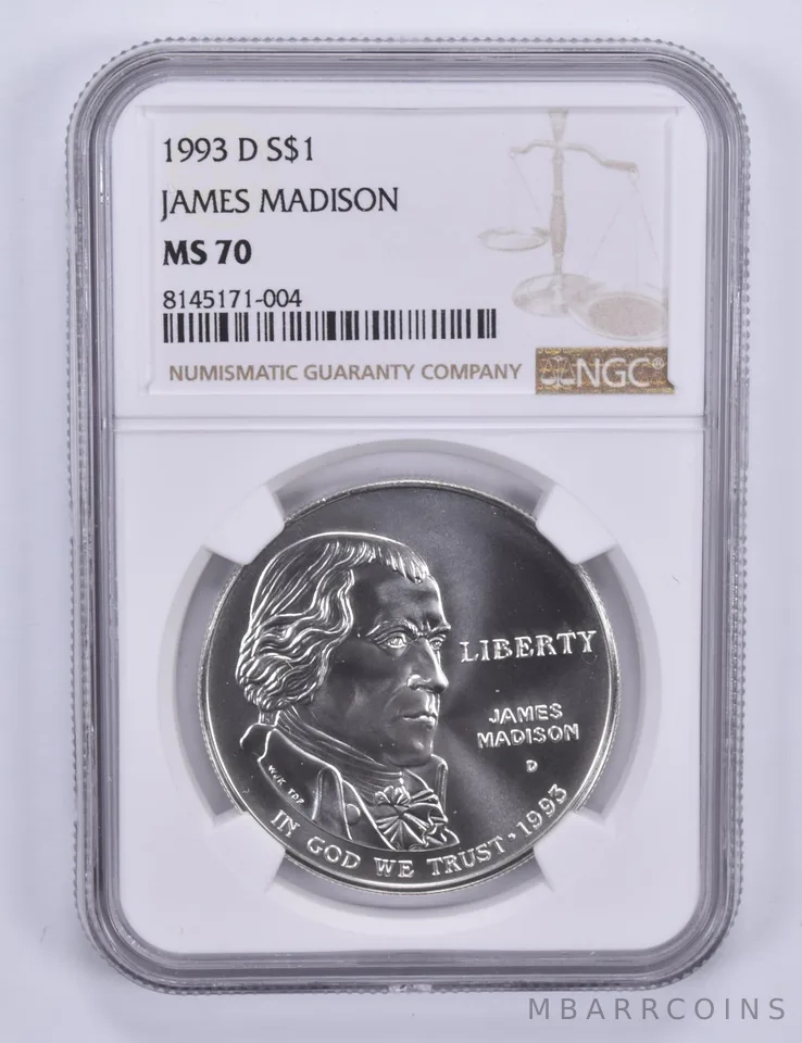 1993-D James Madison Commemorative Dollar MS70 NGC Brown Label