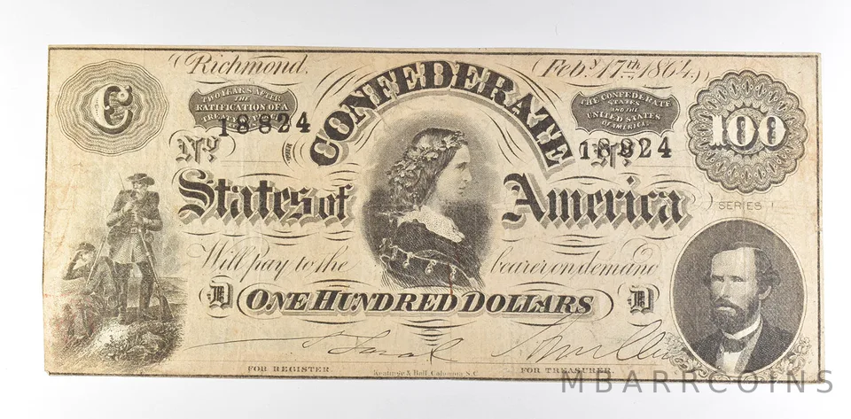1864 $100 Confederate States Of America T-65 Large Note *8596