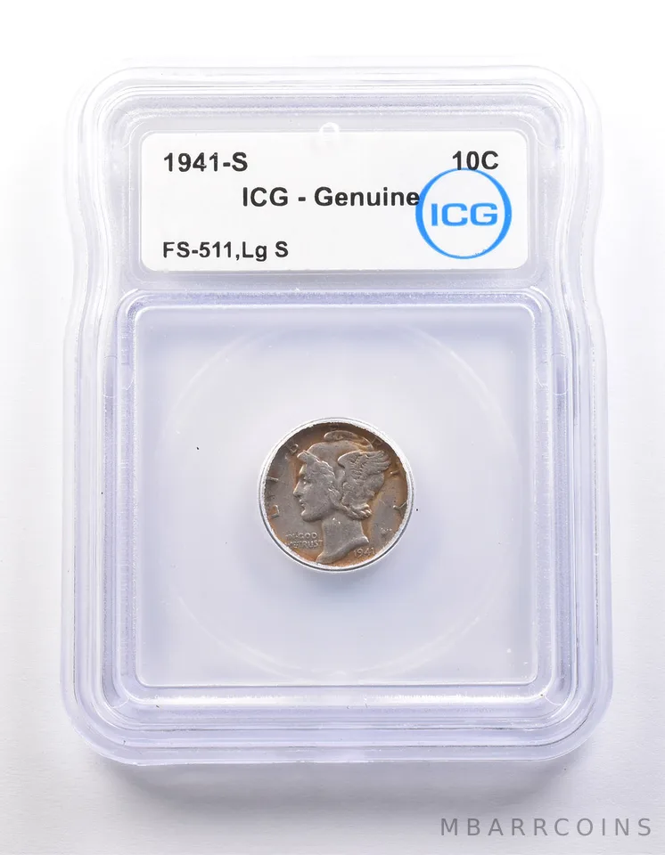 1941-S Mercury Dime FS-511 Large S Genuine ICG *9860