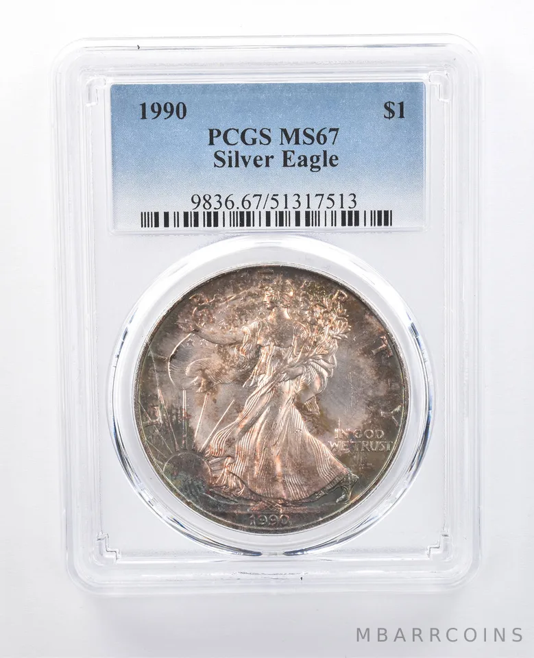 1990 American Silver Eagle MS67 PCGS Mottled Blue Tone *8143